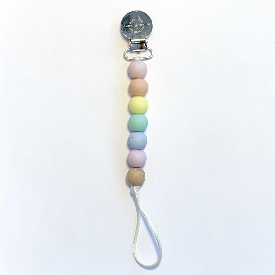 Sugar + Maple Pacifier + Teether Clip- Silicone with 1 Beechwood Bead - Rainbow Pastel