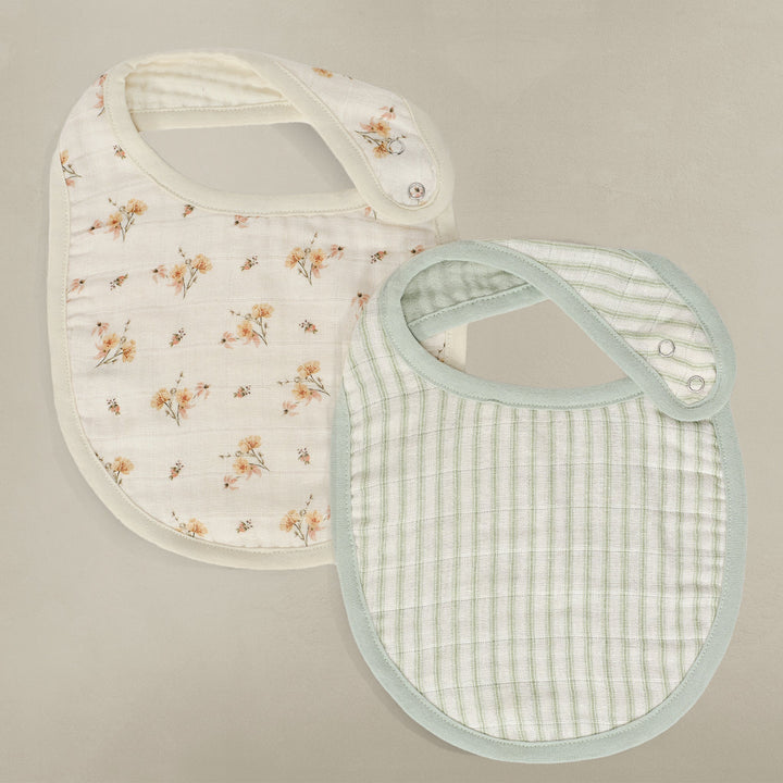 Oilo Dainty Floral & Sea Moss Sage Green Stripe | Muslin Bib 2-Pack