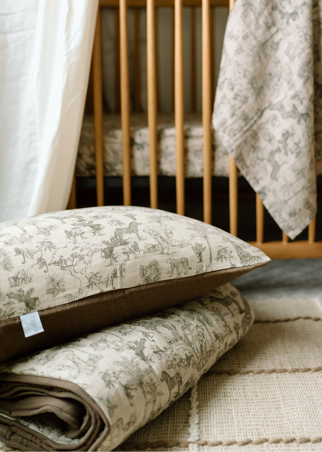 Oilo Vintage Safari Nursery | Premium Muslin Crib Quilt & Sham Set