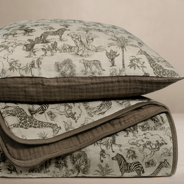 Oilo Vintage Safari Nursery | Premium Muslin Crib Quilt & Sham Set