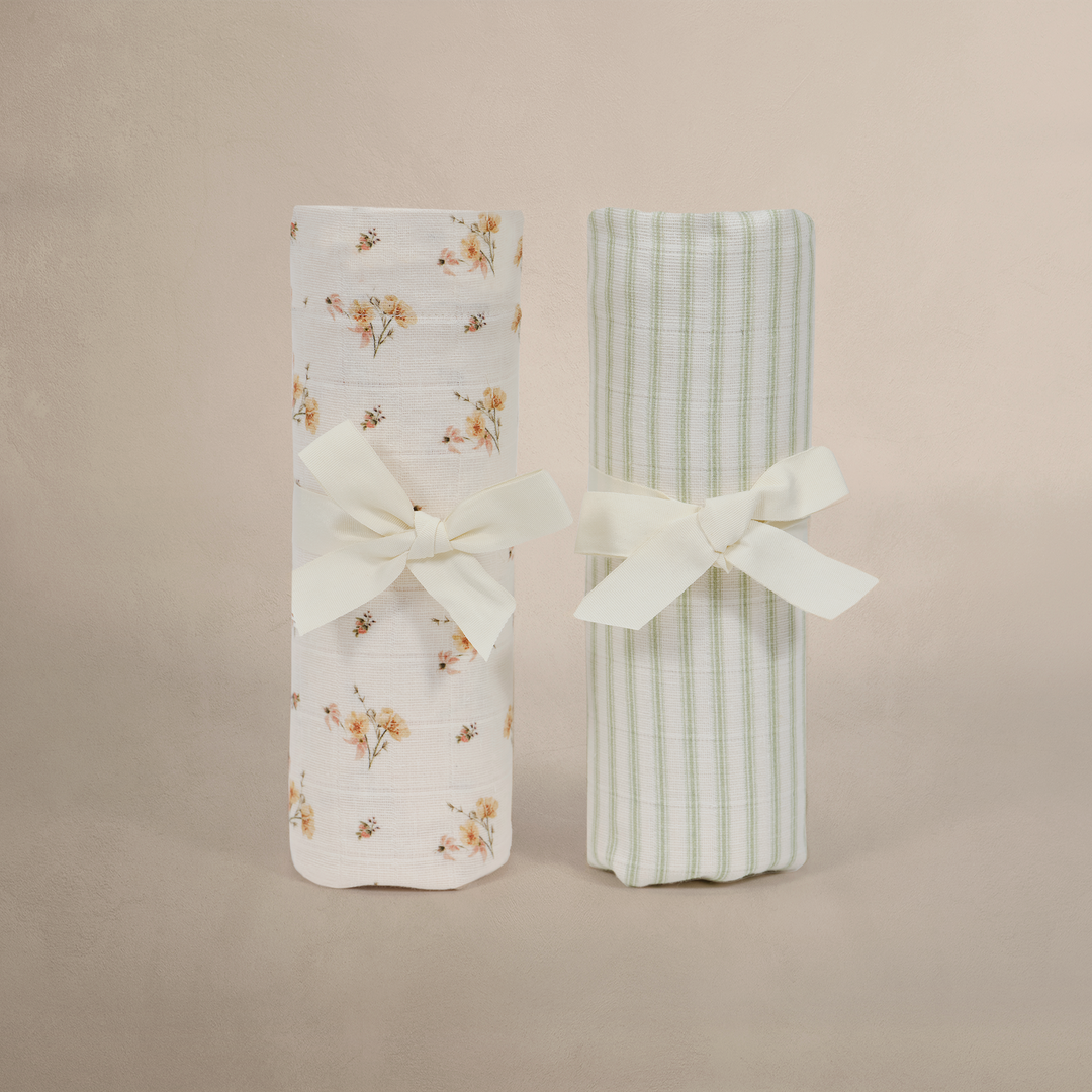 Oilo Dainty Floral & Sea Moss Sage Green Stripe | Muslin Swaddle Blanket Set
