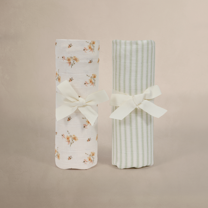 Oilo Dainty Floral & Sea Moss Sage Green Stripe | Muslin Swaddle Blanket Set