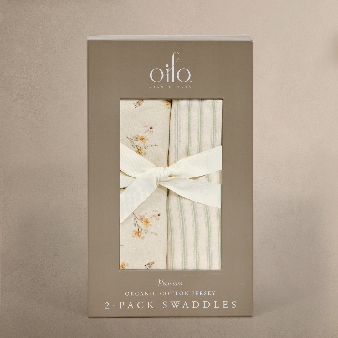 Oilo Dainty Floral & Sea Moss Sage Green Stripe | Jersey Swaddle Set
