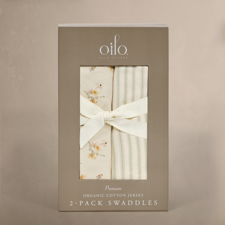 Oilo Dainty Floral & Sea Moss Sage Green Stripe | Jersey Swaddle Set