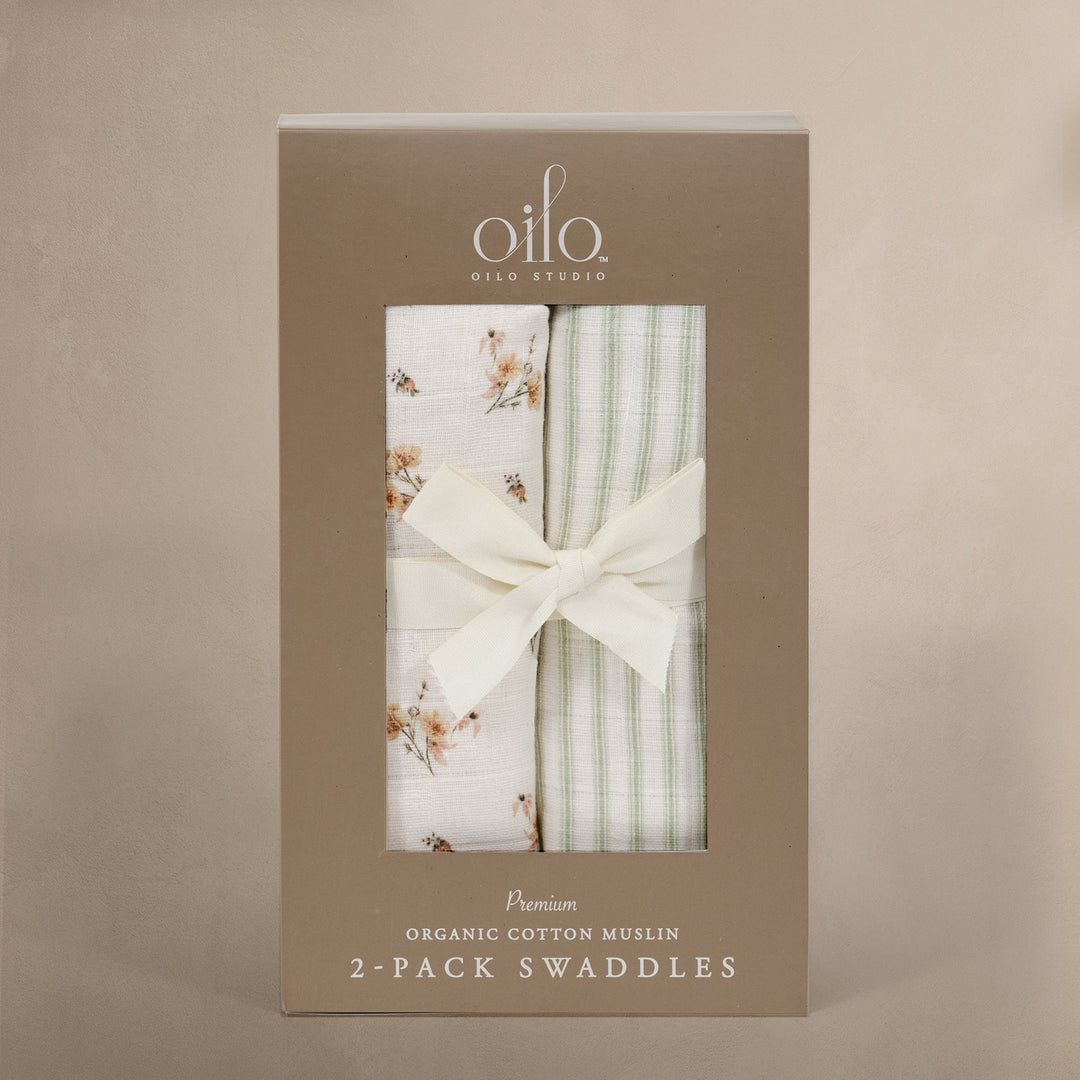Oilo Dainty Floral & Sea Moss Sage Green Stripe | Muslin Swaddle Blanket Set