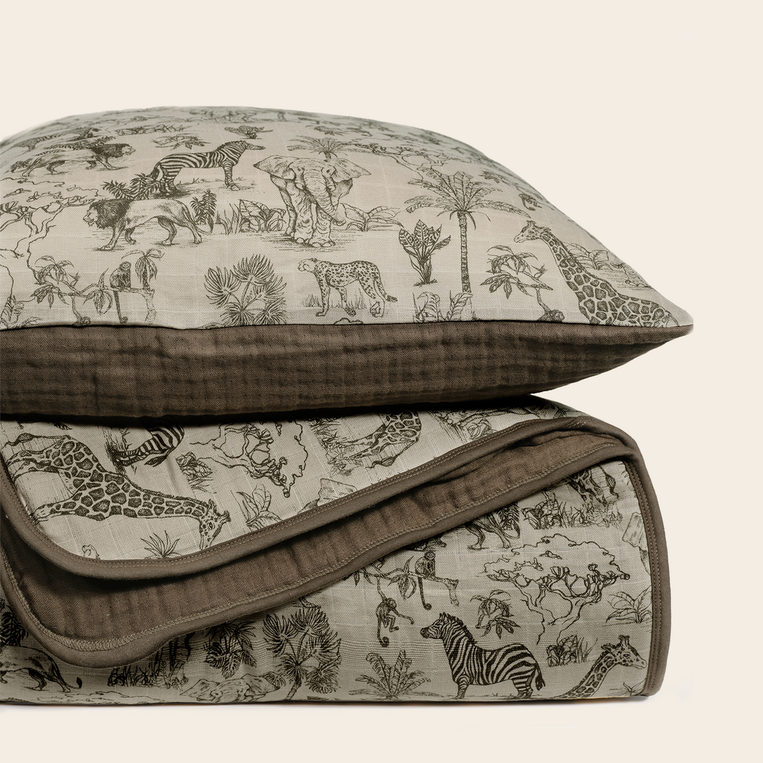 Oilo Vintage Safari Nursery | Premium Muslin Crib Quilt & Sham Set