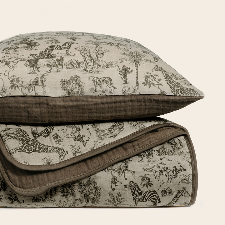 Oilo Vintage Safari Nursery | Premium Muslin Crib Quilt & Sham Set
