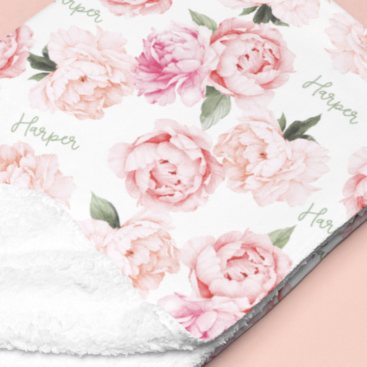 Sugar + Maple Sherpa-Lined Personalized Blanket | Peonies